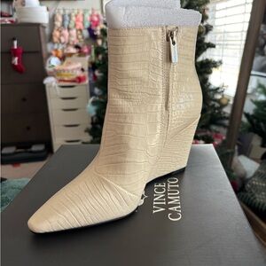 Vince Camuto Beige Croc-Embossed Ankle Booties